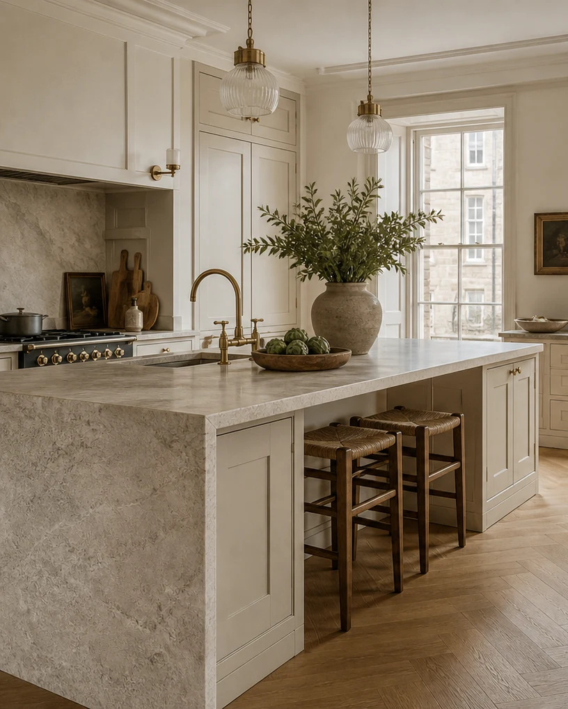 A cream-painted period kitchen with a stone waterfall island, brass bridge tap, fluted glass pendant lights, oak stools and a large vase of greenery.