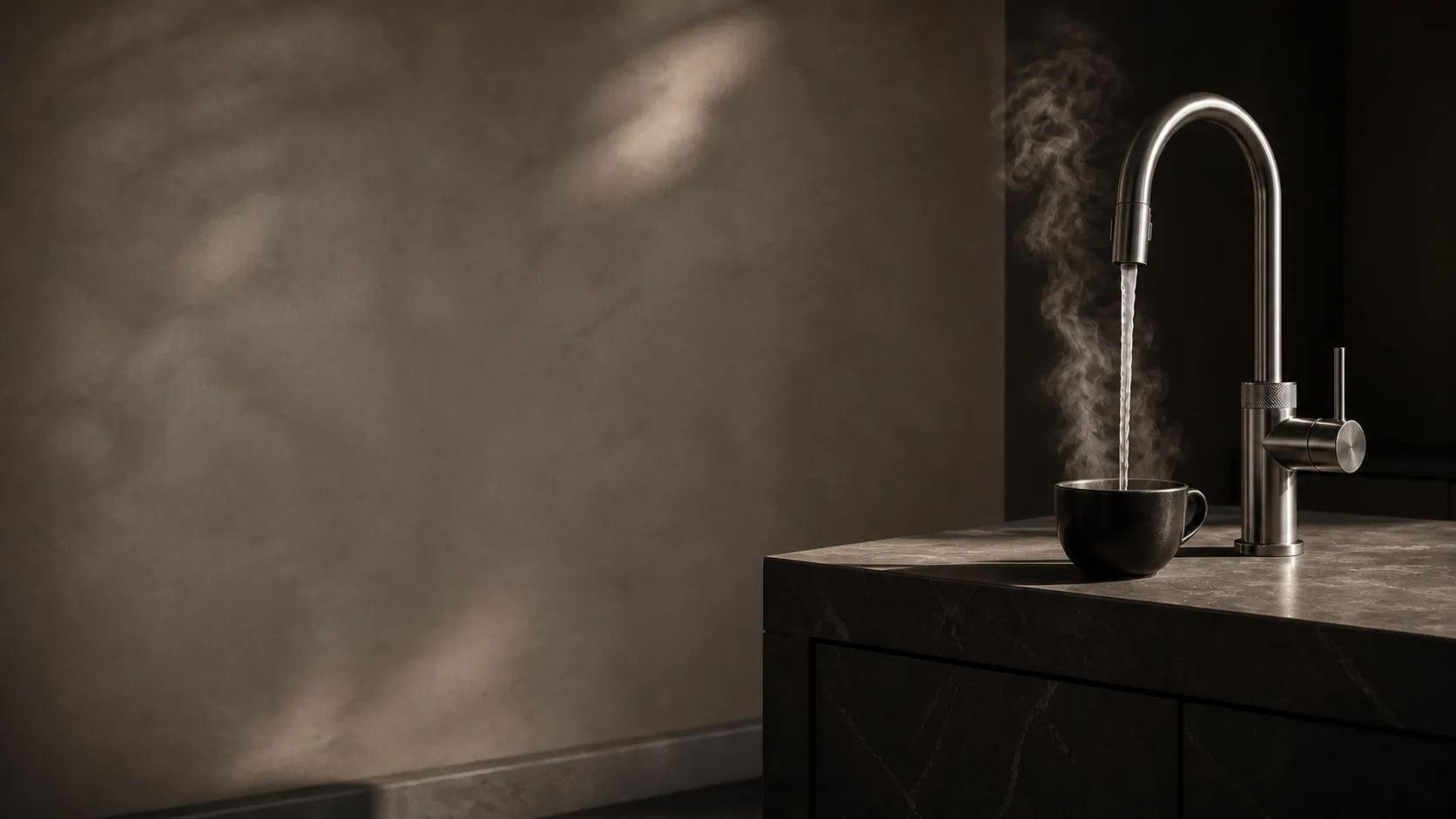 A boiling-water tap pours water into a ceramic cup on a stone kitchen island.