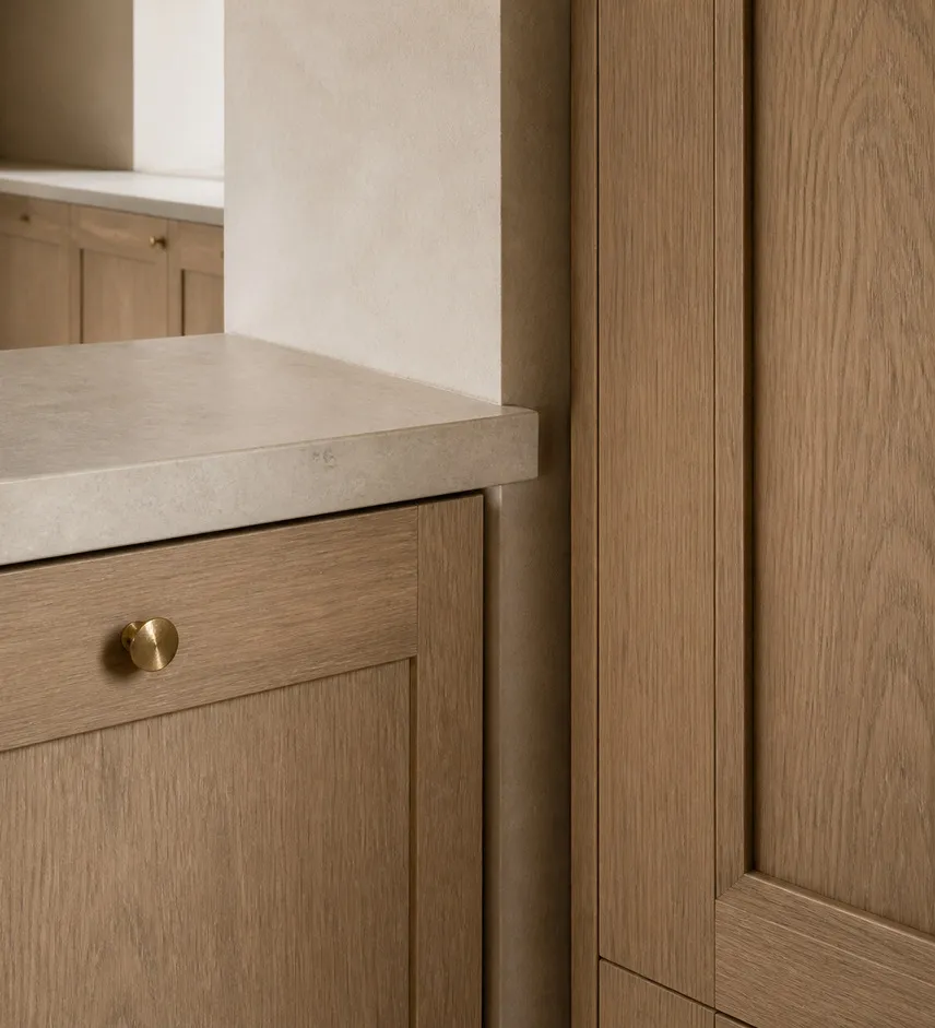 A close architectural view of pale oak cabinetry fitted beside a honed limestone worktop and tall pantry door.